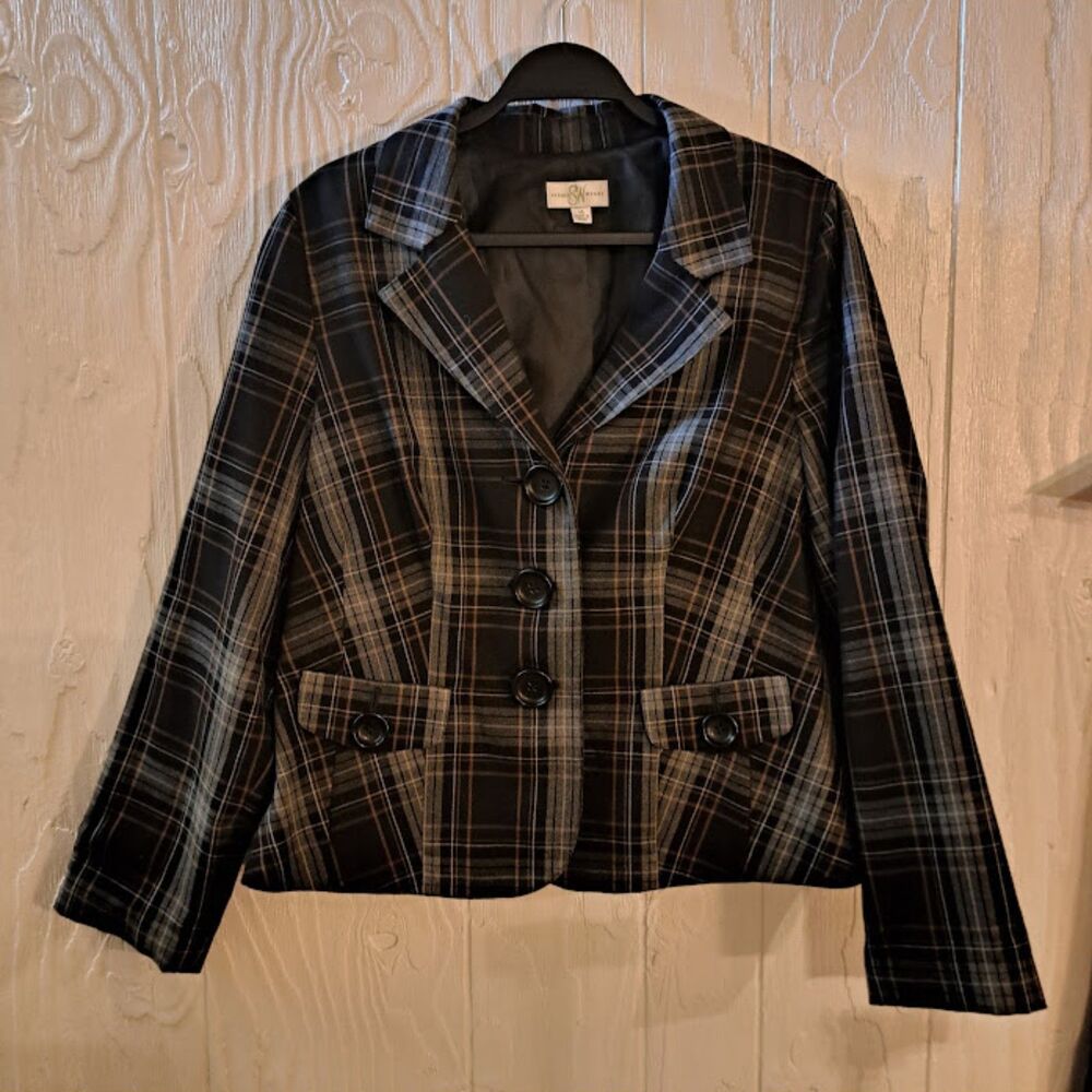 Studio Works Plaid Blazer Jacket Women's Size 16 Dark Academia Neutral Tartan